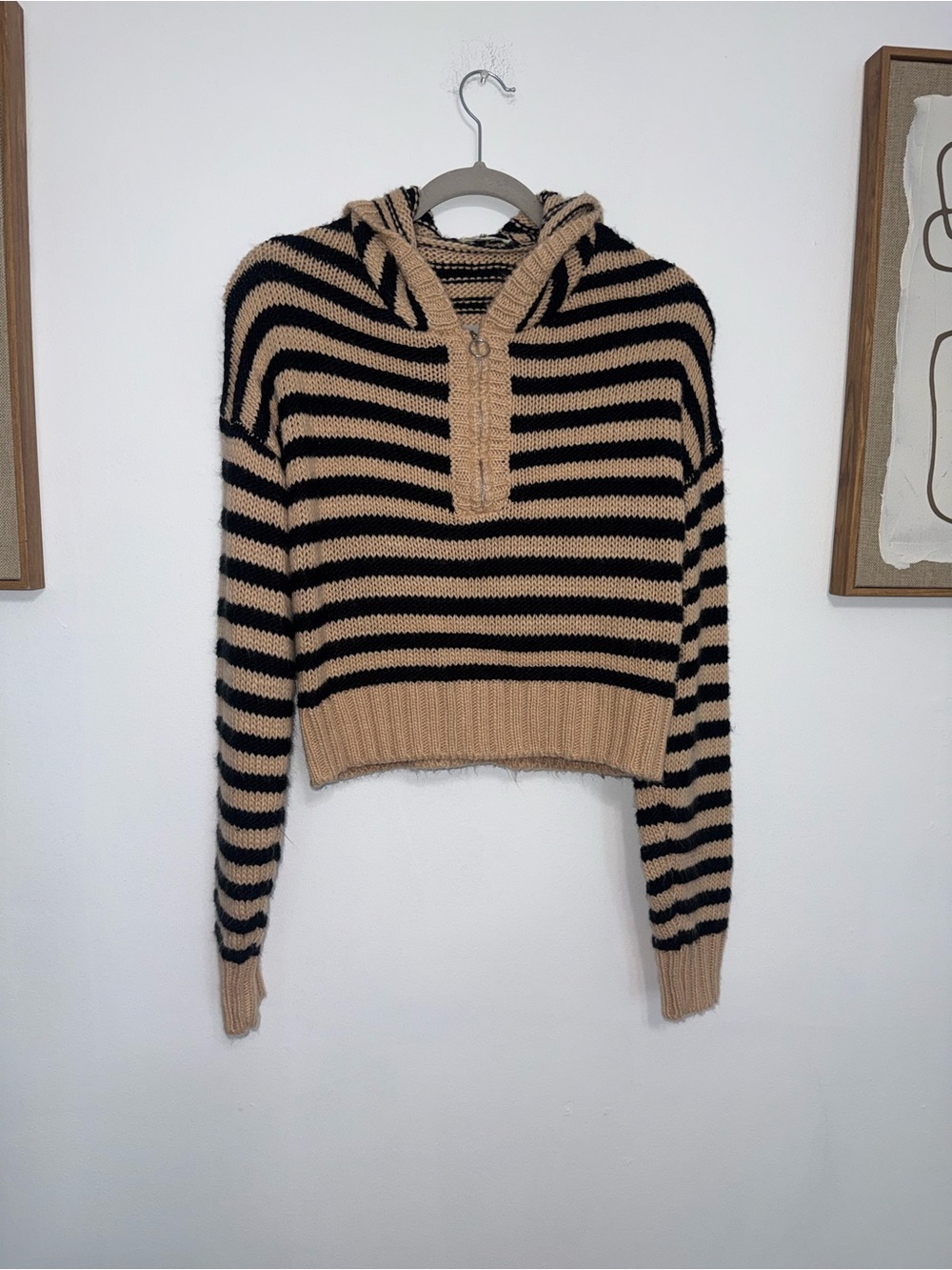 For Love And Lemons Black and Camel Striped Hooded Crop Sweater